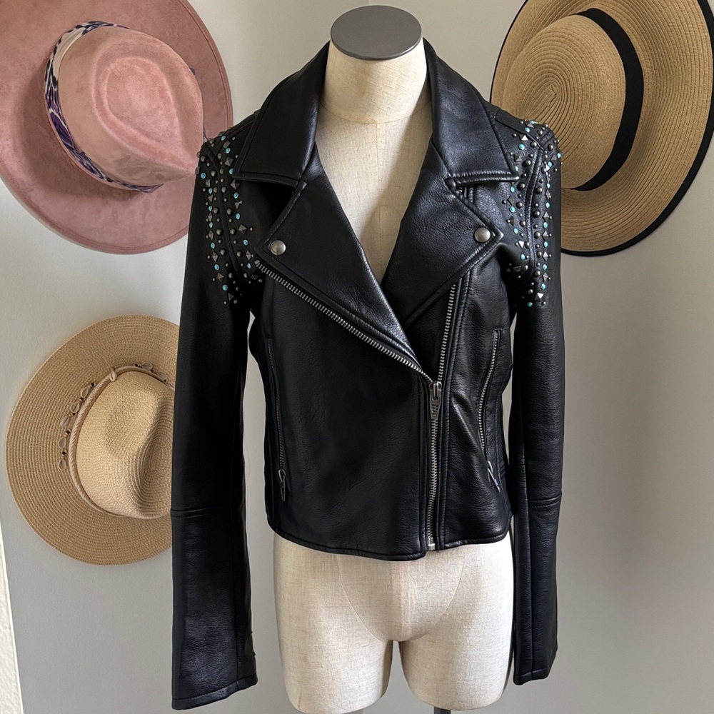 BlankNYC Black Leather Jacket with Studded and turquoise stone Accents